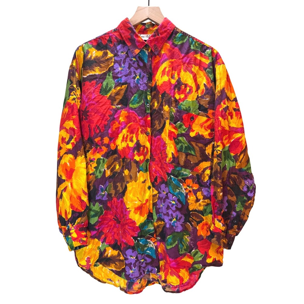 Vintage 100% Silk Blouse Size M Multi Floral Artsy 90s Bright Summer Maximalist